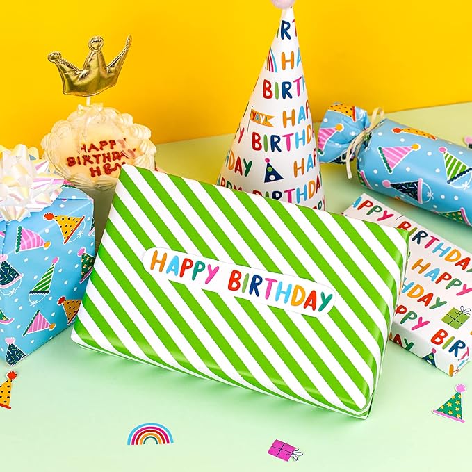 WRAPAHOLIC Mini Birthday Wrapping Paper Rolls - 3 Rolls, 17 Inch X 120 Inch Each - Happy Birthday Lettering and Stripe for Kids, Baby Shower