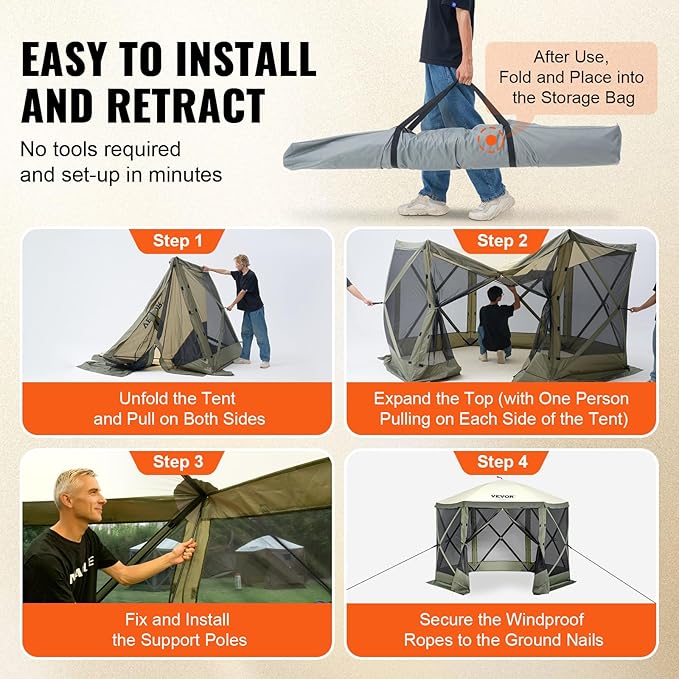 VEVOR Pop Up Gazebo Screen Tent 6 Sided Canopy Sun Shelter with 6 Removable Privacy Wind Cloths & Mesh Windows, 10x10FT Quick Set Screen Tent with Mosquito Netting, Army Green