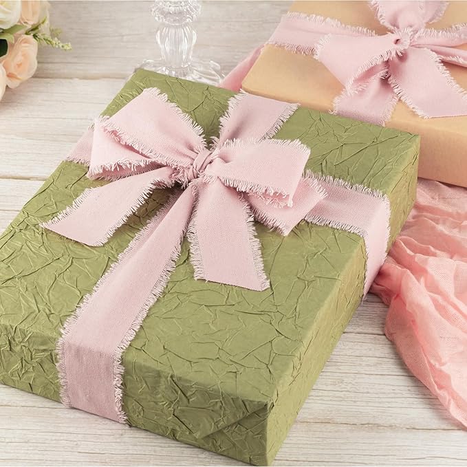 Pink Cotton Ribbon 1-1/2 Inch Pink 3 Rolls 21 Yards Frayed Edge Fabric Set for Bridal Shower, Baby Shower, Wedding Invitations, Birthday Party & Gift Wrapping