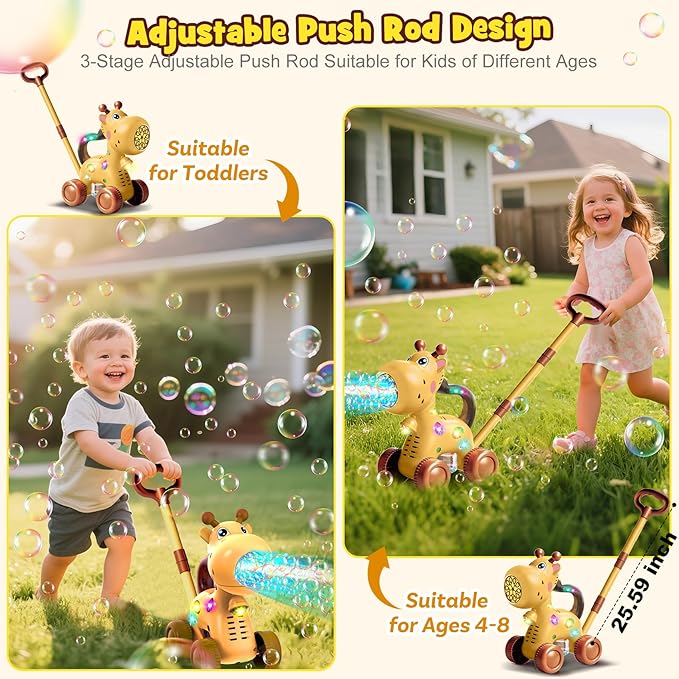 Nicmore Automatic Bubble Machine for Toddler 1-3: Giraffe Bubble Lawn Mover Outdoor Toy for 1 2 3 4 5 Year Old Boy Girl - Push or Handheld Bubble Maker Blower for Age 1-3 Kids Birthday Gifts