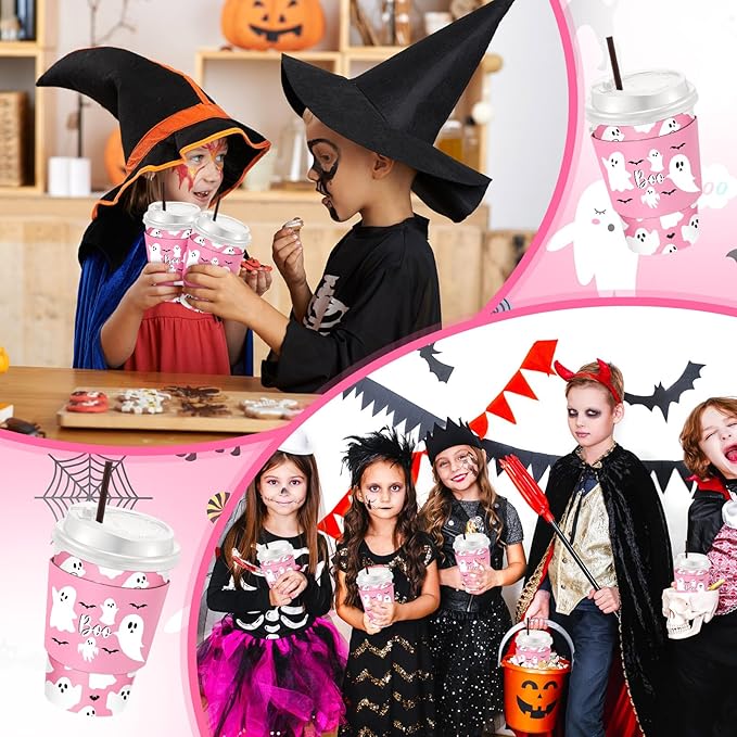 Pickmesh 50 Set 12oz Halloween Disposable Coffee Cups with Lids and Sleeves Straws, Ghost Boo Paper Cups for Cold Hot Cocoa Drink Halloween Party Supplies