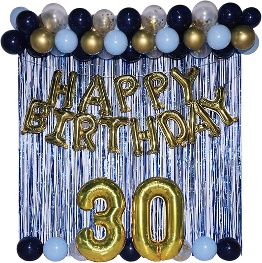 30th Birthday Decorations for Him 30 Balloon Numbers 30th Birthday Banner Blue Streamers Mens 30th Birthday Decorations