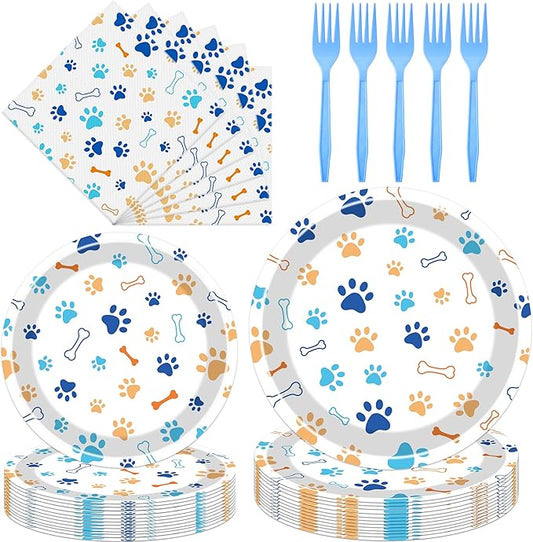 Dog Paw Birthday Decorations - 96 Pcs Cute Doggy Paws Bones Disposable Paper Dessert Plates Napkins Forks Tableware Set Puppy Theme Party Decor Supplies for Kids Boys Girls Serves 24 Guests