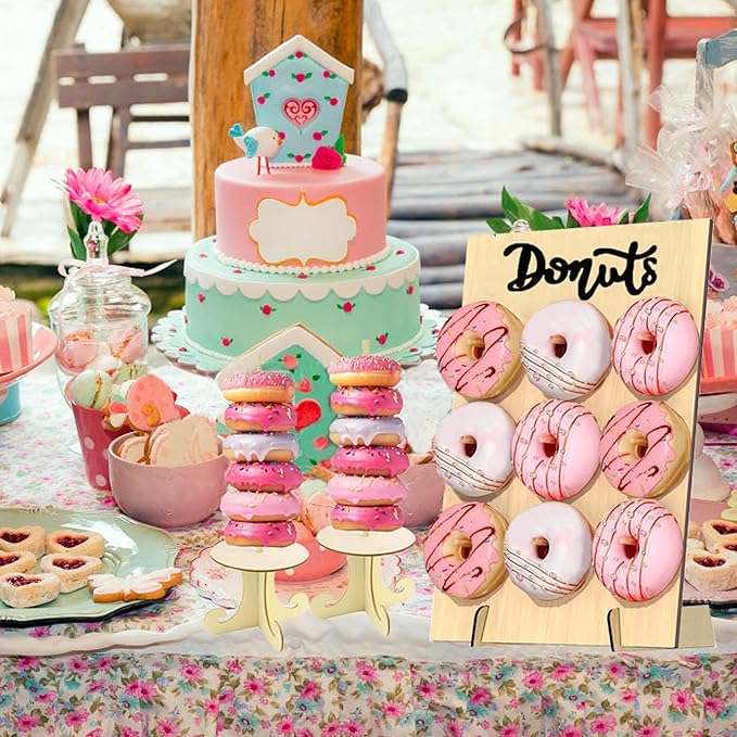 Donut Wall Display Stand 2PCS Donut Board Display with 2PCS Donut Tower Stand, Wooden Donut Holder Stand for Baby Shower Party Wedding Birthday
