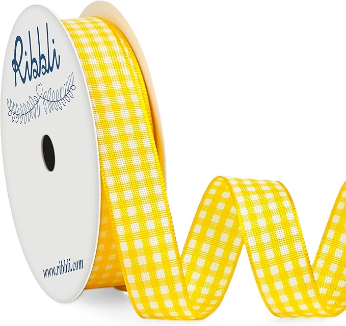 Ribbli Yellow and White Gingham Ribbon,100% Polyester Woven Edge,5/8 Inch x 10 Yard,Plaid Ribbon Use for Gift Wrapping,Floral Design,Hair Bows