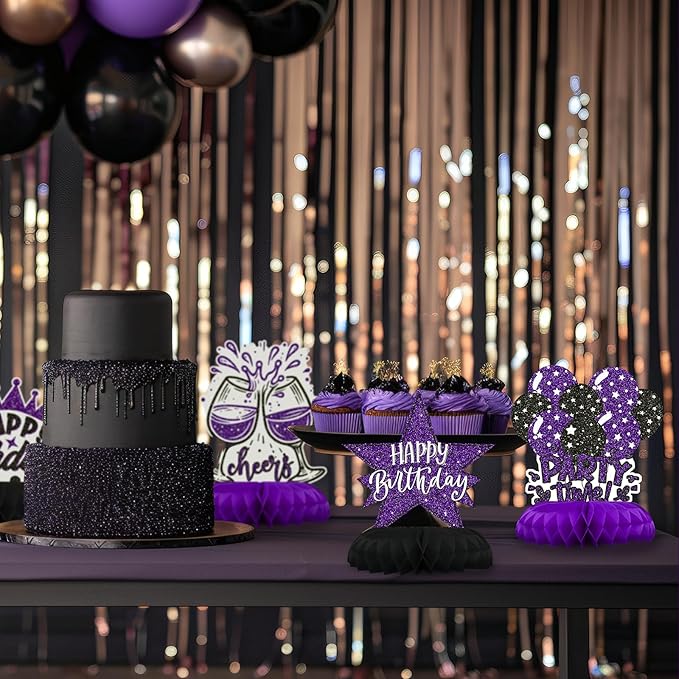 Black and Purple Birthday Decorations – 12PCS Honeycomb Table Centerpieces for Women Men Adults – Happy Birthday Table Decor Party Supplies