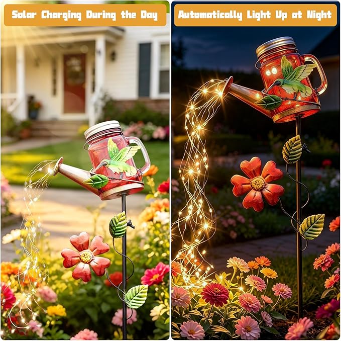 SRNPMIU Solar Watering Can Light, Yard Outdoor Decor Lights, IP65 Waterproof, Hanging Hummingbird Garden Light, Outside Garden Flower Bed Decor, Women Gift, Birthday Gifts