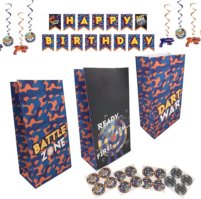 Serves 16 Dart War Party Supplies Includes 16 Treat Bags, 1 Happy Birthday Banner, 8 Swirls, 16 Stickers Ideal for Dart War theme Birthday Party