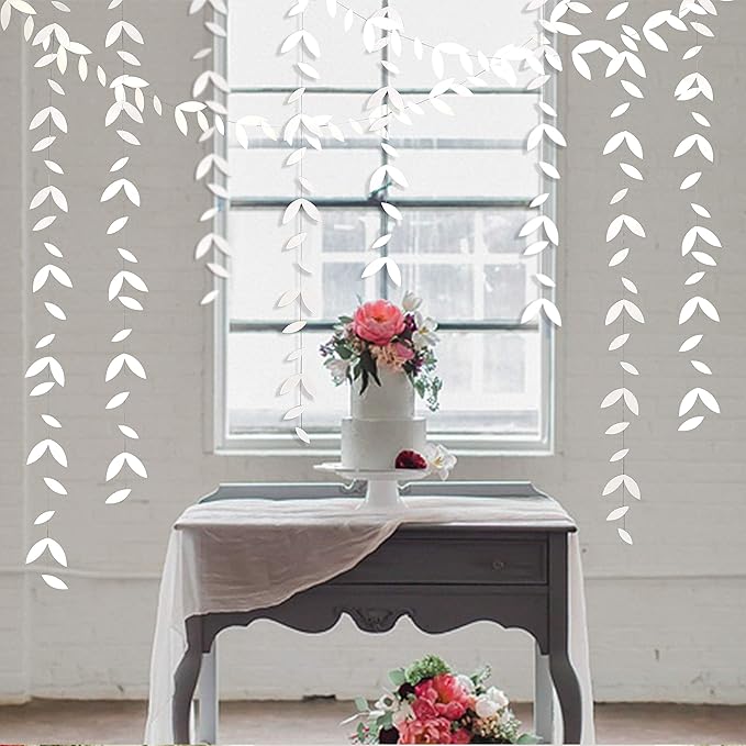 52 Ft White Party Decorations Leaf Garland Kit Paper Hanging White Leaves Streamer Banner for Wedding Engagement Bridal Shower Bachelorette Birthday Baby Shower Showcase Garden Party Decor (4 Packs)
