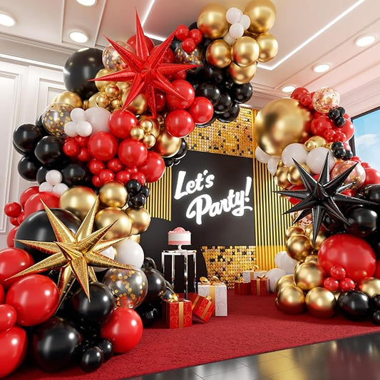 Red Black and Gold Balloons Garland Arch Kit, Red and Black Party Decorations with Gold White Balloons Confetti Latex Balloons for Graduation Anniversary Casino Movie Night Birthday Party Decorations