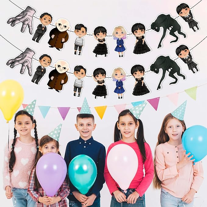 Wednsday Garland Decoration – Themed Party Banner for Birthday Celebrations, Themed Gatherings, Decorative Garland for Dessert Tables, Room Décor, Photo Displays, and Special Events