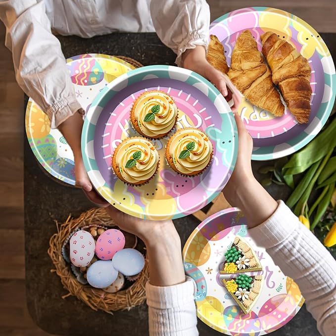 96 Pcs Easter Party Supplies Easter Plates and Napkins Set Colorful Eggs Birthday Party Decorations Tableware for Kids Bunny Spring Birthday Decorations, Serve 24