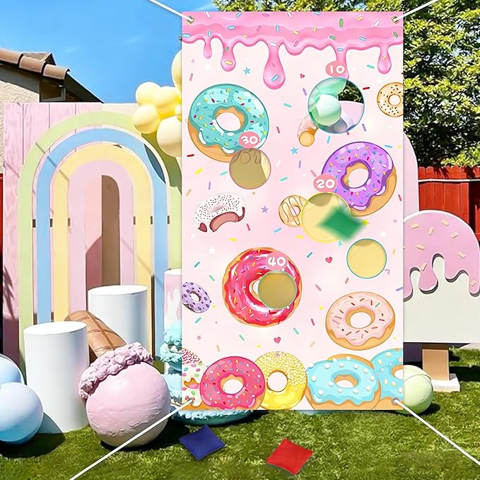 Serencatcher Donut Toss Game Banner with 3 Bean Bags Donut Bean Bag Toss Games Backdrop Background for Donut Party Games Donut Birthday Baby Shower Party Decorations Supplies