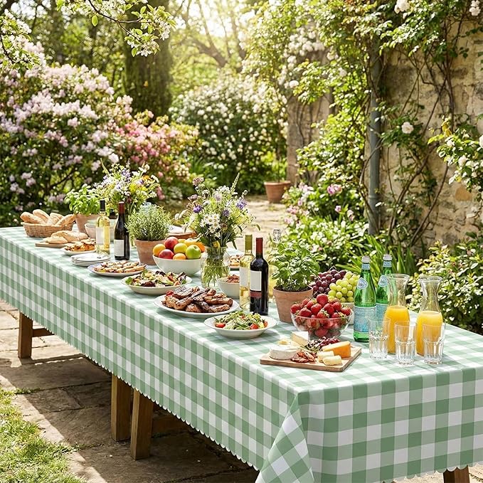 3 Pack Sage Green Gingham Tablecloths, 54 X 108Inch Scalloped Green and White Checkered Tablecloth Disposable Party Table Cover for Baby & Bridal Shower Picnic Camping Birthday Barbecue Wedding Party