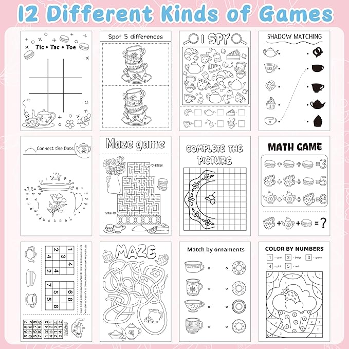 Tea Party Activity Books for Kids - 48Pcs Tea Time Themed Mini Game Coloring Booklet Bulk Maze Word Scramble Word Search Coloring Books for Birthday DIY Party Favor Goodies Bag Filler Classroom Reward