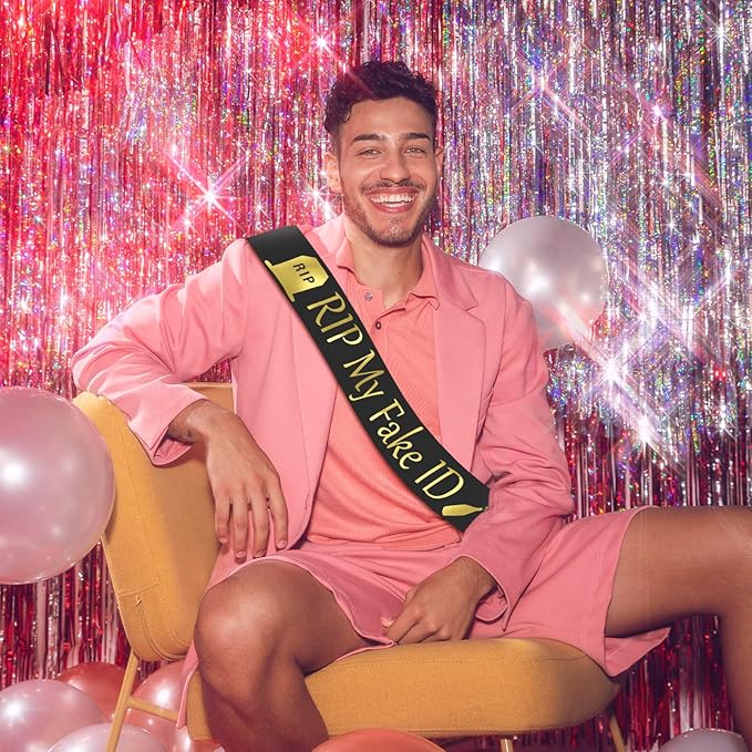 21st Birthday Sash for Men and Women, Funny RIP My Fake ID Birthday Sash, Finally 21 Bday Sashes, Ideal Twenty One Sashes Party Favors Supplies and Decorations for Your 21 Bday Party(Black,Gold)