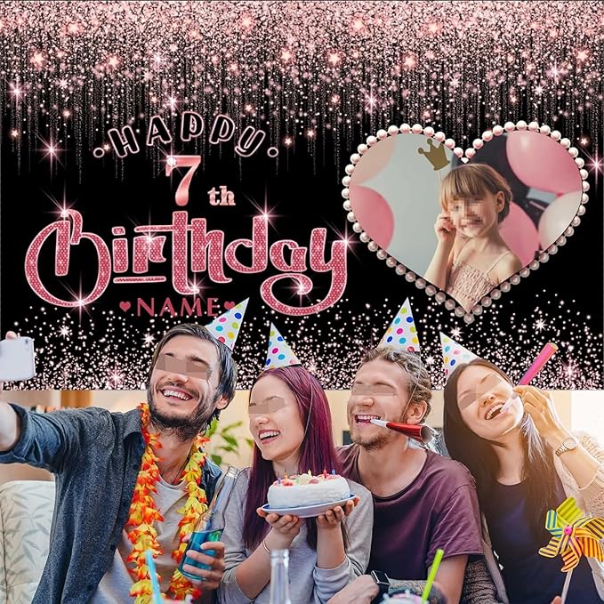 Dicodes Customizable Rose Gold Happy Birthday Decoration Banner - Personalization Large Sizes Photo Background - Supports Custom Photos and Names
