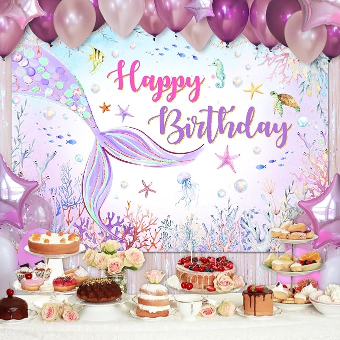 Mocsicka Mermaid Birthday Backdrop Blue and Purple Under The Sea Background for Girls Birthday Party Decor Photo Booth Props (7x5ft)