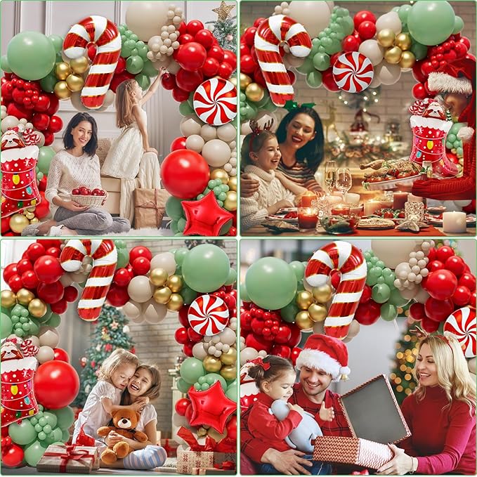 Christmas Balloon Arch Garland Kit 159pcs Red Sage Green Gold Balloons With Candy Cane Swirl Christmas Stocking Foil Balloons Friendsmas Santa Ugly Sweater Party Decorations