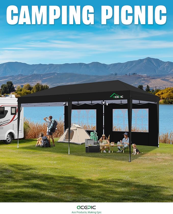 Acepic 10x20 Pop Up Canopy with 6 Removable Sidewalls, 2 Central Lock Easy Set-up Outdoor Party Tent, Commercial Tent, Hand Bag x1, Sandbags x4, Stakes x12, Ropes x6 (Black, 10 * 20)