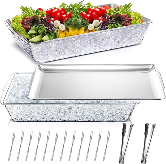 Baderke 2 Set 16 x 9.45 Chilled Serving Tray for Parties with Compartments Ice Chilled Party Platter Charcuterie Serving Board with Forks Tongs for Fruit Seafood Vegetable Appetizer (Silver)