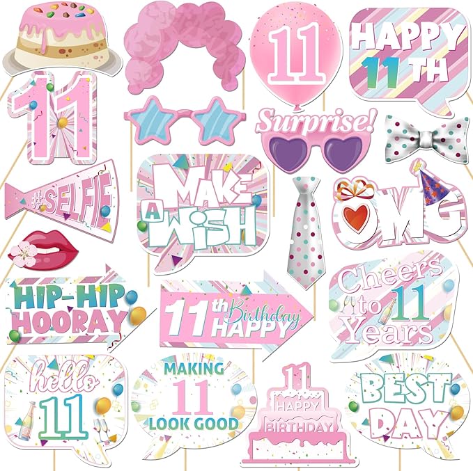 20 Pcs Girl 11th Birthday Photo Booth Props Kit, Pink Eleven Birthday Party Selfie Decorations, Girl Kid's 11th Bday Party Photography Supplies