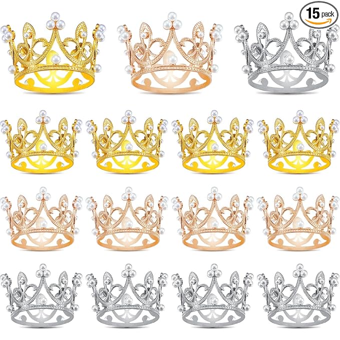Fabbay 15 Pieces Crown Cake Topper Metal Mini Queen Princess Cake Crown for Cupcake Flower Bouquets Tiara Topper for Father's Day Women Birthday Bridal Wedding Royal Party Decorations(Pearl Style)