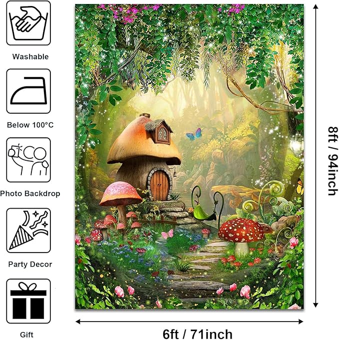 Mocsicka Enchanted Forest Backdrop Fairy Garden Tale Wonderland Mushroom House Butterfly Woodland Spring Photography Background Baby Shower Birthday Party Photo Studio Shoot (8x6ft)