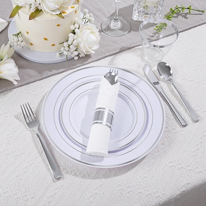 DaYammi 210PCS Silver Plastic Dinnerware Set for 30 Guests, Fancy Disposable Plates for Party, Include: 30 Dinner Plates, 30 Dessert Plates, 30 Pre Rolled Napkins with Silver Silverware, 30 Cups