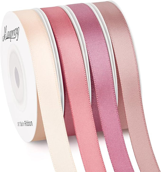 Mauproy 3/8 Inch Dusty Rose Satin Ribbon, 4 Rolls Total 40 Yards, Double Faced Mixed Rose Thin Fabric Ribbon for Gift Wrapping, Flower Bouquets, Wedding, Graduation Decorations
