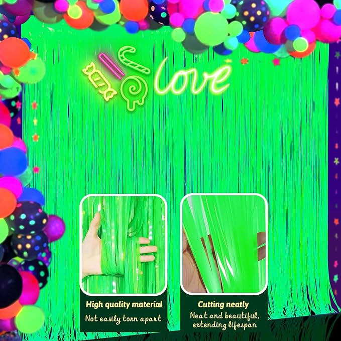 Glow in The Dark Party Supplies 2 Pack Neon Party Decorations Fluorescent Tinsel Foil Fringe Curtains Photo Booth Prop Backdrop Streamer Blacklight Decorations (Neon Green)
