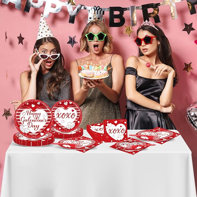Qyeahkj 100pcs Galentine's Day Party Supplies Valentine's Day Paper Plates Disposable Red Tableware for Romantic Girls Ladies Party Decorations Serve 25