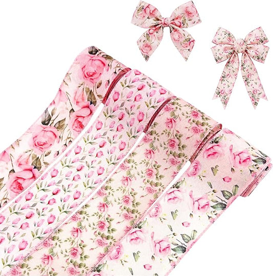 Spring Pink Floral Wired Ribbon, Rose Pattern Decorative Fabric Ribbon with Leaves for DIY Crafts Gift Wrapping Spring Summer Wedding Party Decor, 4 Rolls, 20Yards (Pink)