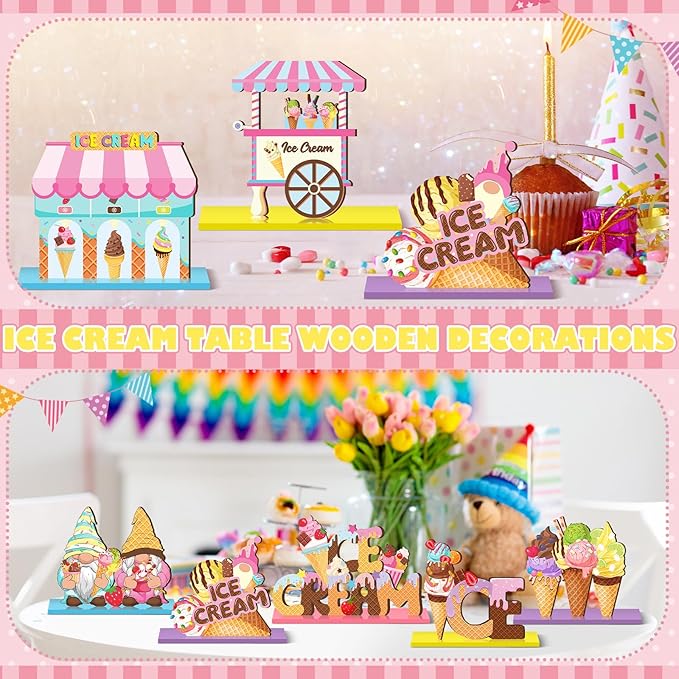 Marsui 12 Pcs Ice Cream Table Wooden Decorations Summer Ice Cream Table Centerpiece Tiered Tray Decor Signs Party Decorations Truck Gnome Home Decor for Summer Birthday Party Supplies