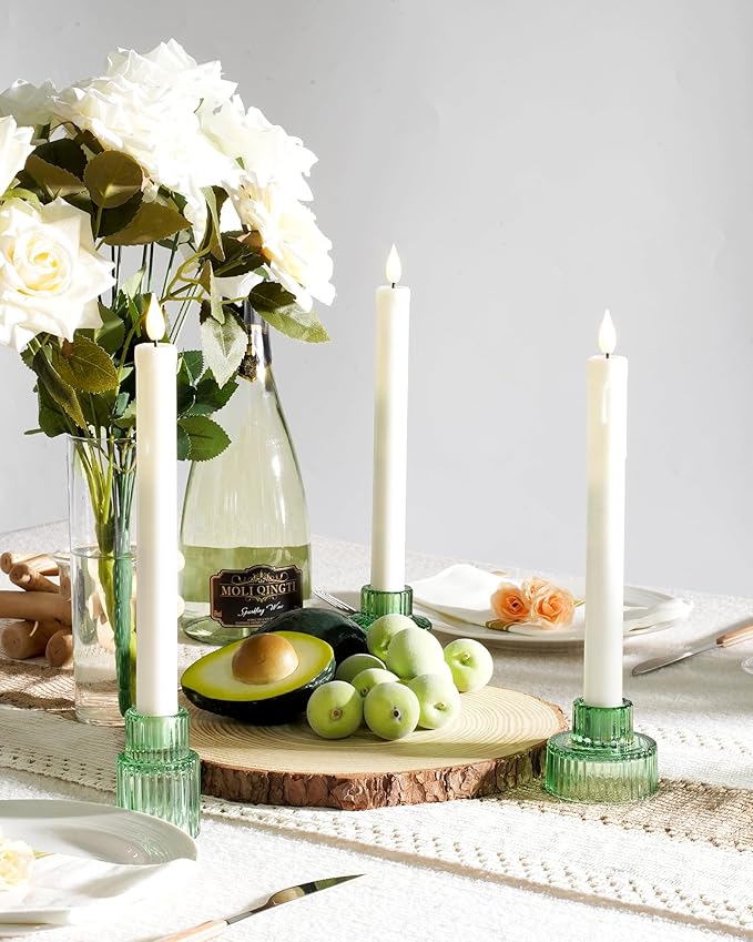 Homemory Colorful Glass Candle Holders, 3 Pcs Green Tea Light Holders, Taper Glass Candlestick Holder, Votive Candle Holders for Tables Wedding Centerpieces, Shabbat, Home Decor, Christmas
