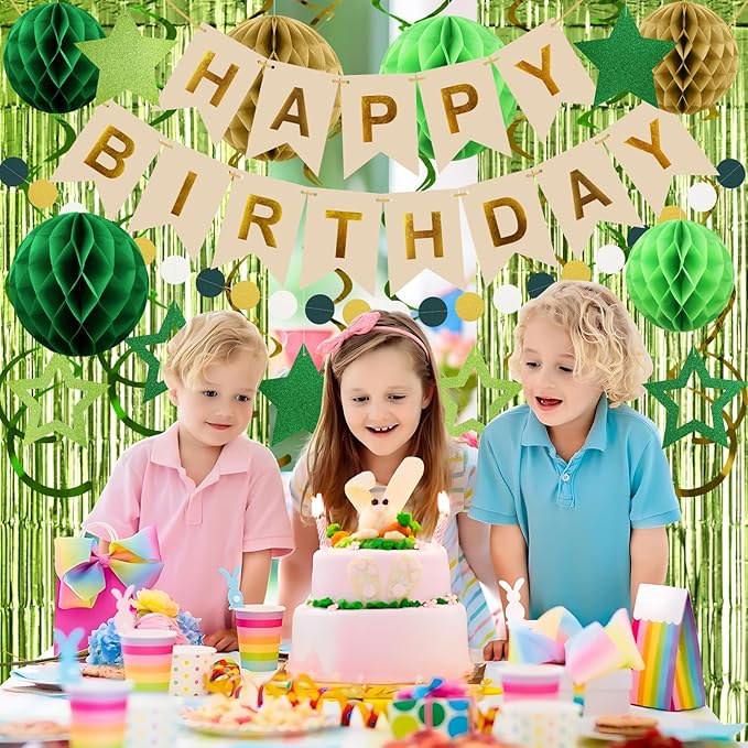 ZERODECO Birthday Decorations, Happy Birthday Banner with Paper Honeycomb, Star Hanging Swirl, Fringe Curtain, Garland, Party Decorations for Women Men Boys Girls (Retro Green)