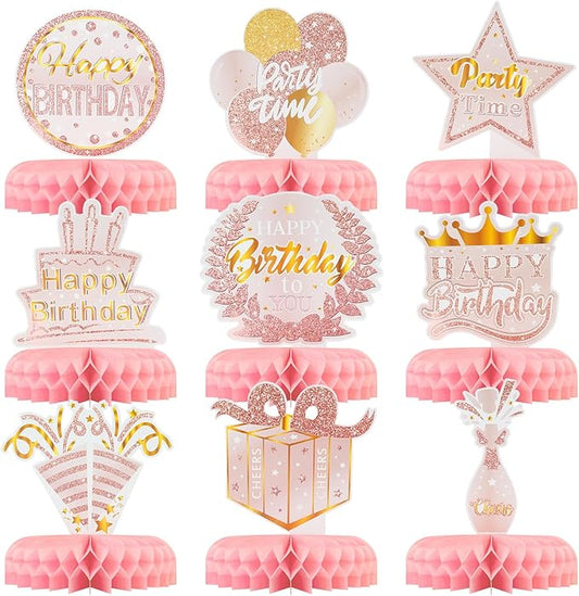 9PCS Birthday Table Decorations,Pink Rose Gold Honeycomb Center Pieces for Table Decorations,Happy Birthday Party Decor for Women Girl,Party Supplies for Birthday Baby Shower