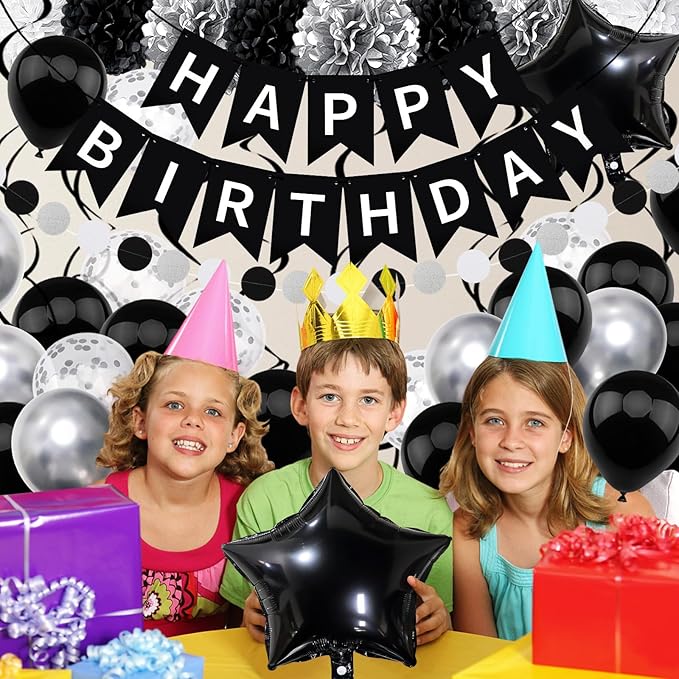 Black White Birthday Decorations, Happy Birthday Decorations with Banner Pompoms Balloon Hanging Swirls for Boys Girls Men Women Party Decorations Supplies