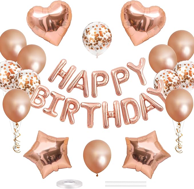 CANREVEL Happy Birthday Balloons Banner 16 Inch Mylar Foil Letters with Star & Heart Balloons Birthday Party Decorations for Men and Women - 30 Pcs Rose Gold