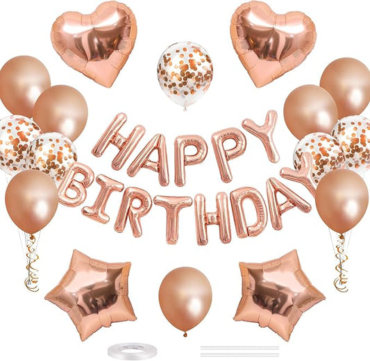CANREVEL Happy Birthday Balloons Banner 16 Inch Mylar Foil Letters with Star & Heart Balloons Birthday Party Decorations for Men and Women - 30 Pcs Rose Gold