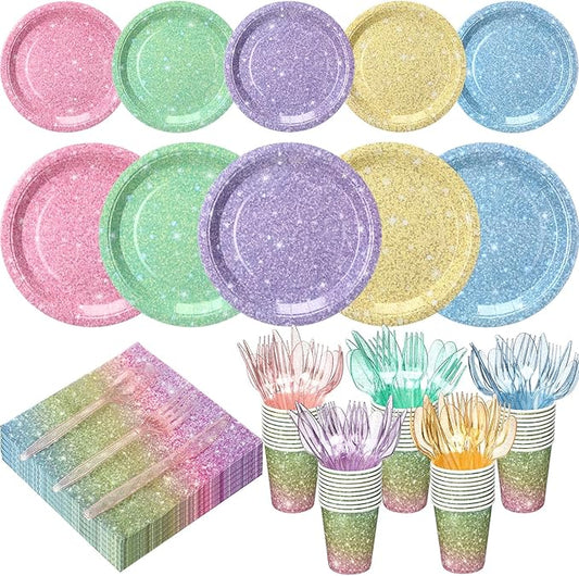 Hushee 175 Pcs Pastel Rainbow Holographic Print Party Supplies Guests Disposable Dinnerware Set Include Paper Plates, Napkins, Cups, Plastic Cutlery for Wedding Birthday Disco Bachelorette