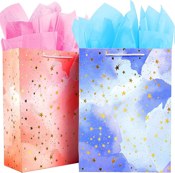 BLESZSING Gift Bag Birthday Large Gift Bags Set Included 2 Pack Paper Gift Bags with Tissue Paper Colorful Pink Blue Gift Bags 125 Large Size Blue Pink and Star Large (Pack of 2)