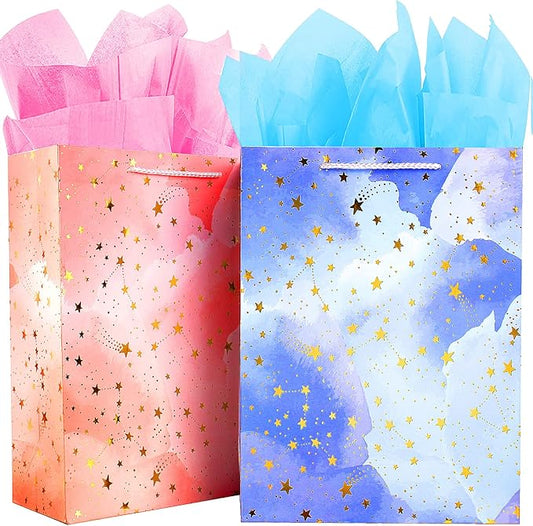BLESZSING Gift Bag Birthday Large Gift Bags Set Included 2 Pack Paper Gift Bags with Tissue Paper Colorful Pink Blue Gift Bags 125 Large Size Blue Pink and Star Large (Pack of 2)