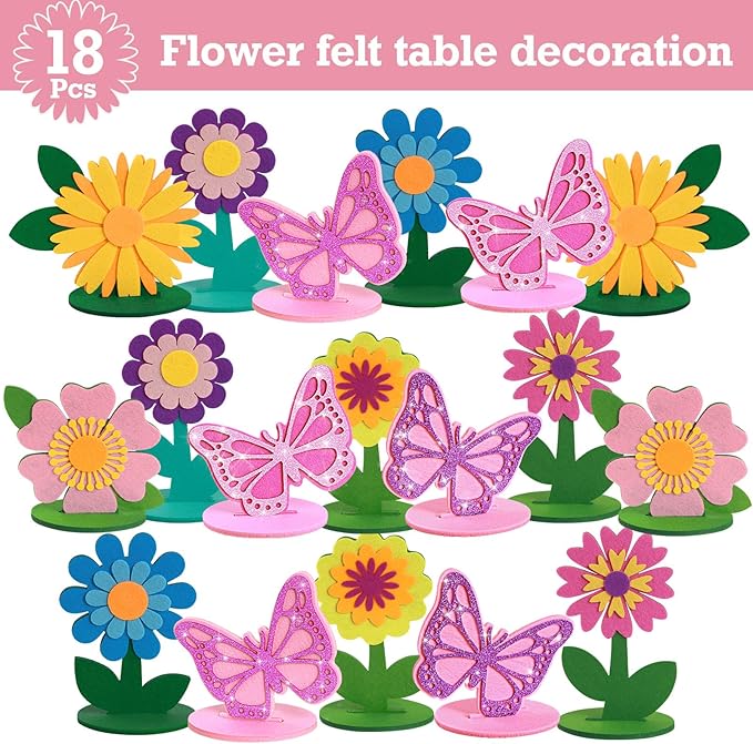 SUNBEAUTY 18PCS Flower Felt Centerpieces for Tables Flower Butterfly Birthday Party Decorations for Spring Table Decoration Home Office Girl Birthday Mother's Day Decorations