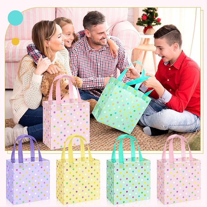 Sweetude 16 Pcs Pastel Spring Gift Bag with Handles Polka Dots Non Woven Reusable Goodie Bags for Mother's Day Women Wedding Birthday Baby Shower Party Favors