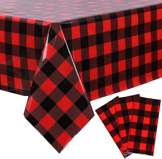 Kesfey 3 Packs Buffalo Check Plaid Table Cloth 54 x 108 Inches Red and Black Gingham Christmas Party Tablecloth Winter Plastic Checkered Tablecover for Dinner Picnic