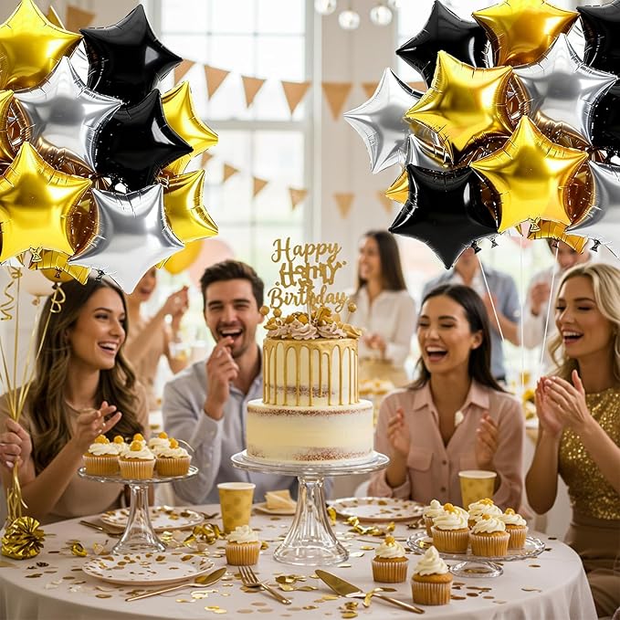 TONIFUL 15Pcs 18 Inch Large Gold Silver Black Star Shape Foil Balloons Big Stars Helium Mylar Ballons for Birthday Wedding Bridal Shower Anniversary Engagement Party Decorations Supplies