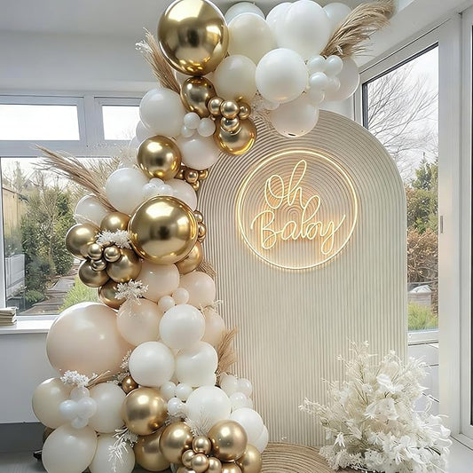 White Gold Balloon Arch Kit, 144 PCs Beige Sand White Champagne Gold Balloons Garland for Birthday First Communion Neutral Wedding Bridal Shower Engagement Baby Shower Party Decorations