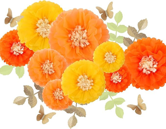 Fonder Mols Tissue Paper Chrysanth Flowers with Butterfly and Olive Leaves for Wedding Baby Shower Nursery Room Parties & Events Decorations Pom Poms (Yellow Orange)