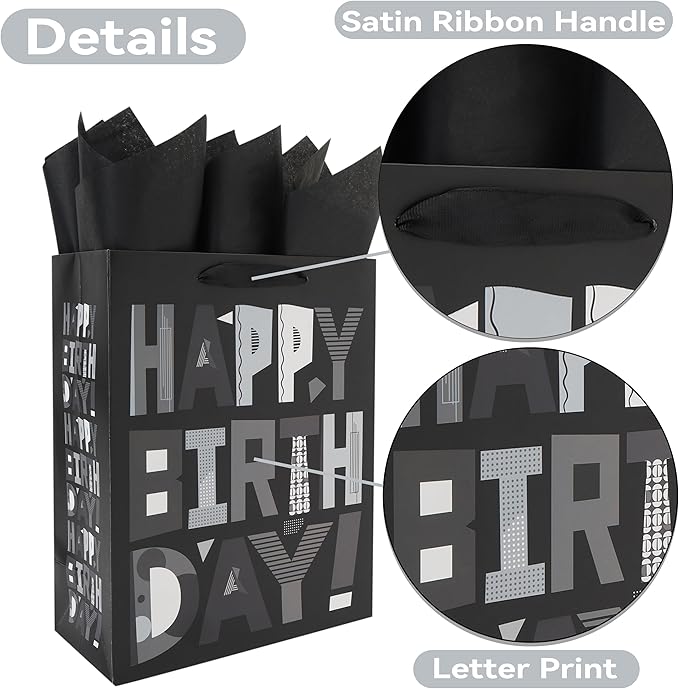 wishinside 13” Large Black Happy Birthday Gift Bag Set with Handles, Greeting Card, Tissue Papers and Stickers for Men Boys Kids Teens, Cartoon Design, 1 Pcs